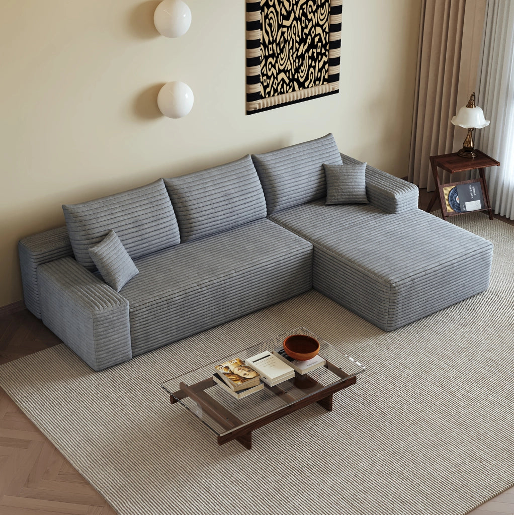 Divano modulare angolare grigio 270 cm con chaise longue a L in velluto a coste, senza montaggio