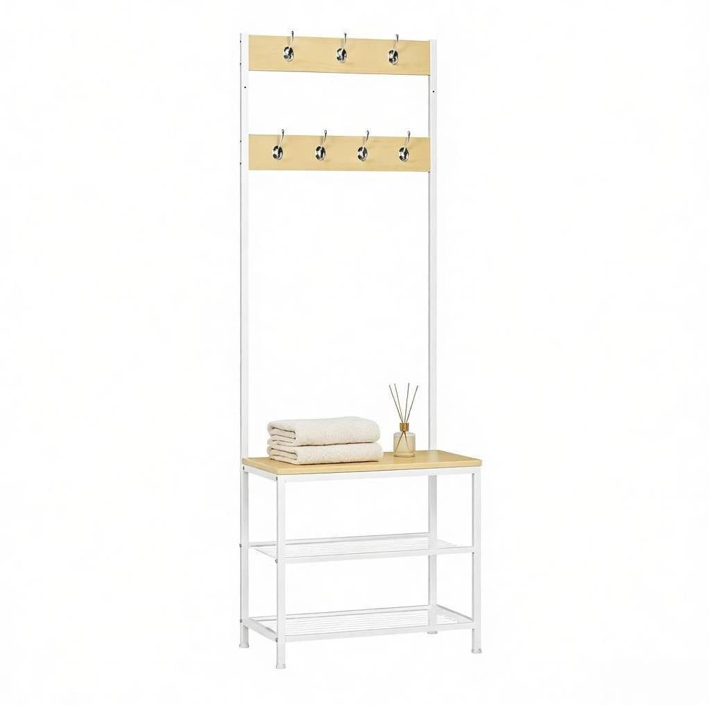 Appendiabiti con panca e scarpiera; 7 ganci doppi e 2 ripiani; 60 ¡Á 31;5 ¡Á 170 cm; bianco