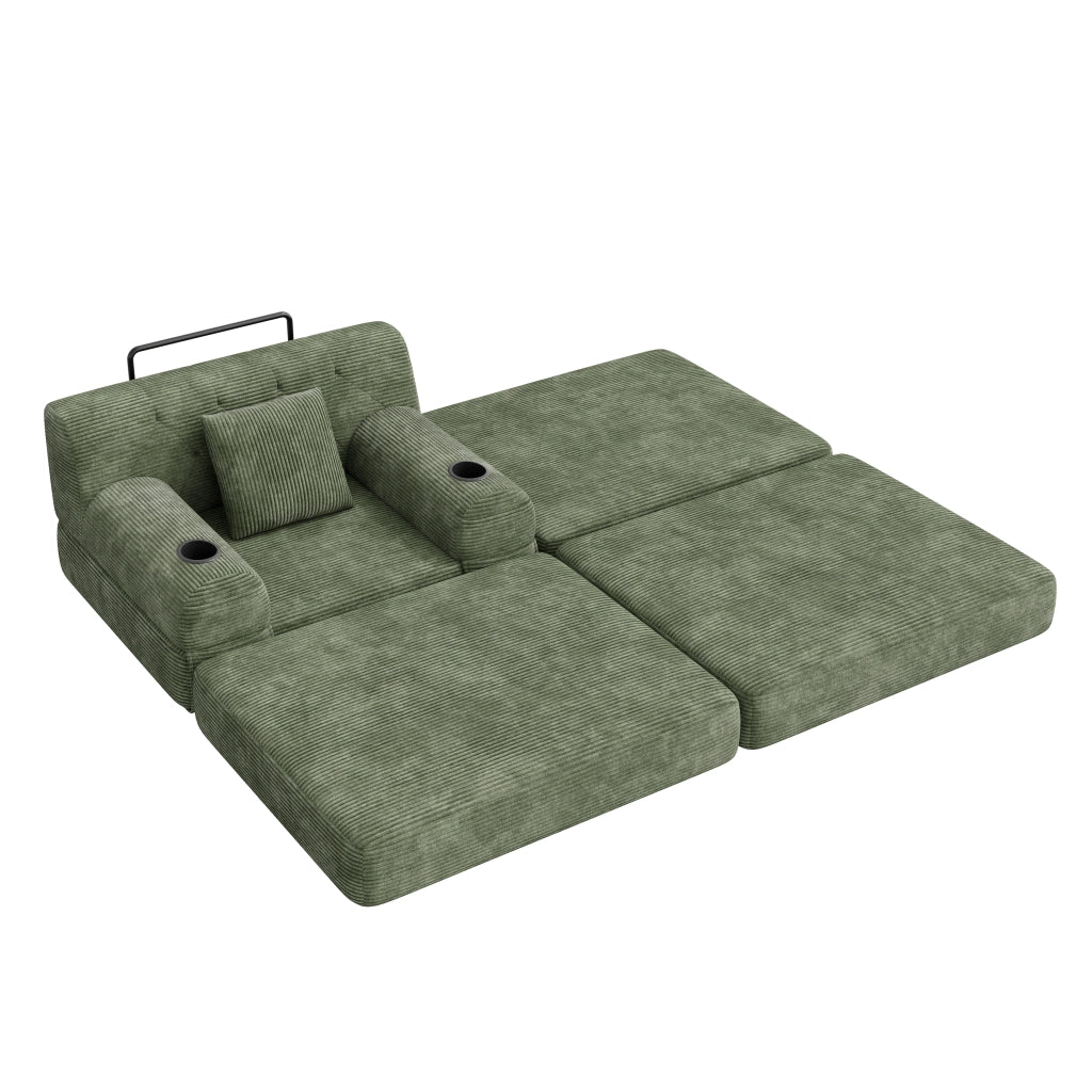 Letto a sedile convertibile 1 con pouf; schienale alto; portabicchieri 2 e tasche laterali 4; velluto a coste; verde
