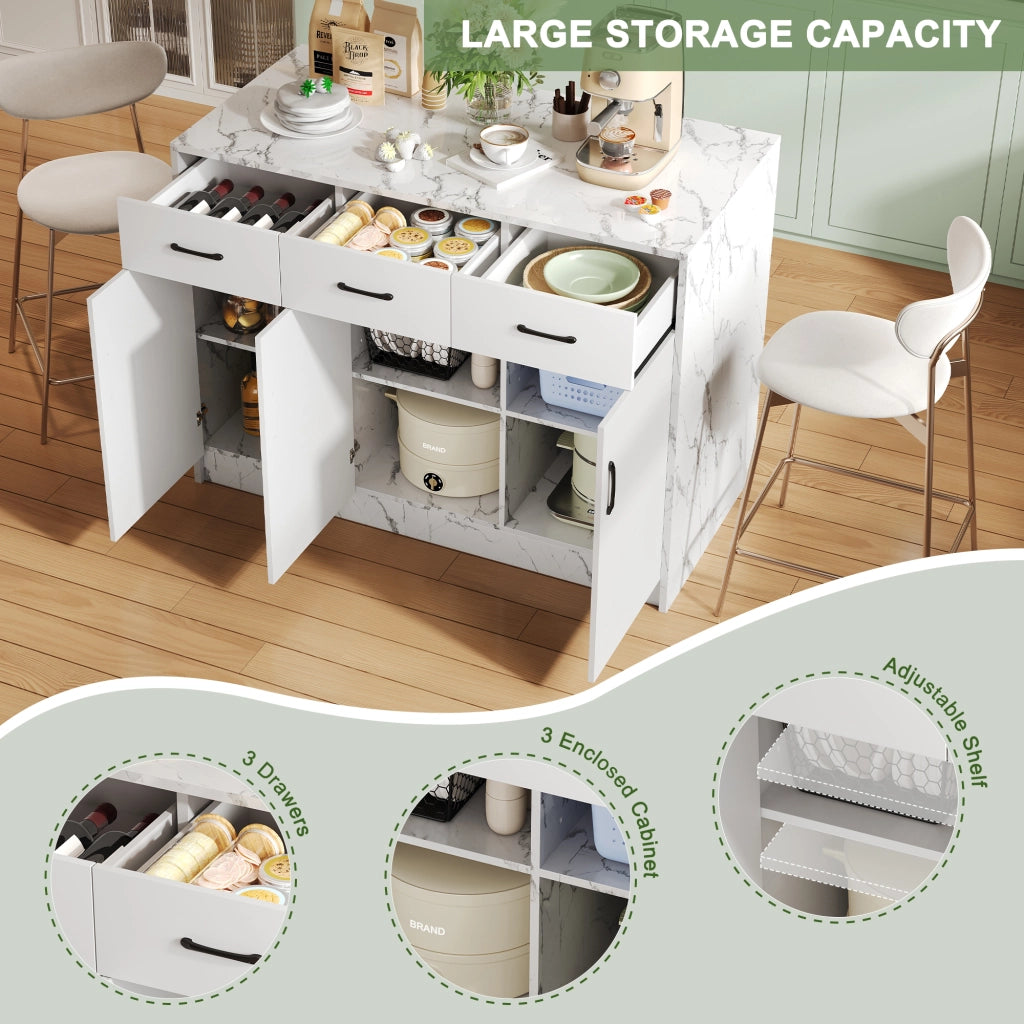 Mobile base da cucina con area bar; 3 cassetti e 3 ante con ripiani regolabili bianco effetto marmo 120 × 60 × 90.5 cm