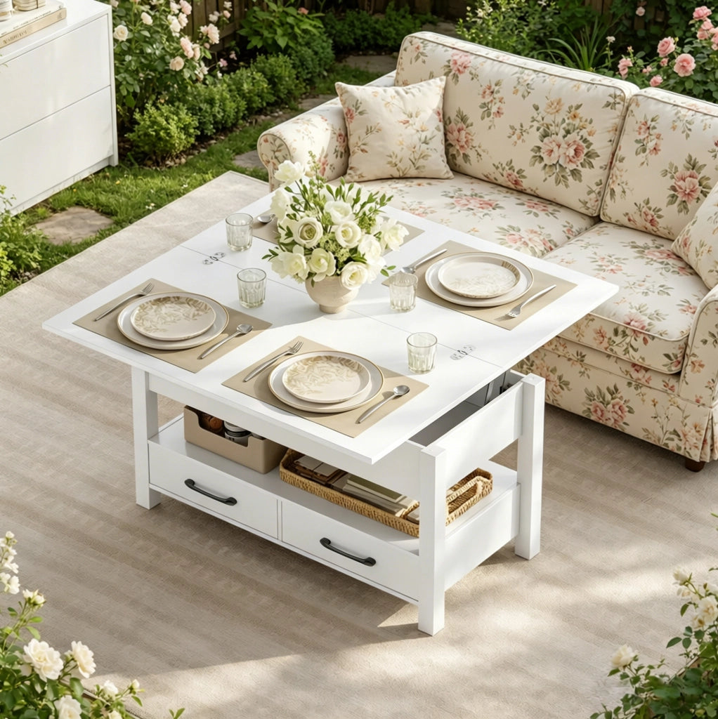 Tavolino da caffè trasformabile bianco con piano sollevabile; 2 cassetti; 100 x 50;5 x 53 cm