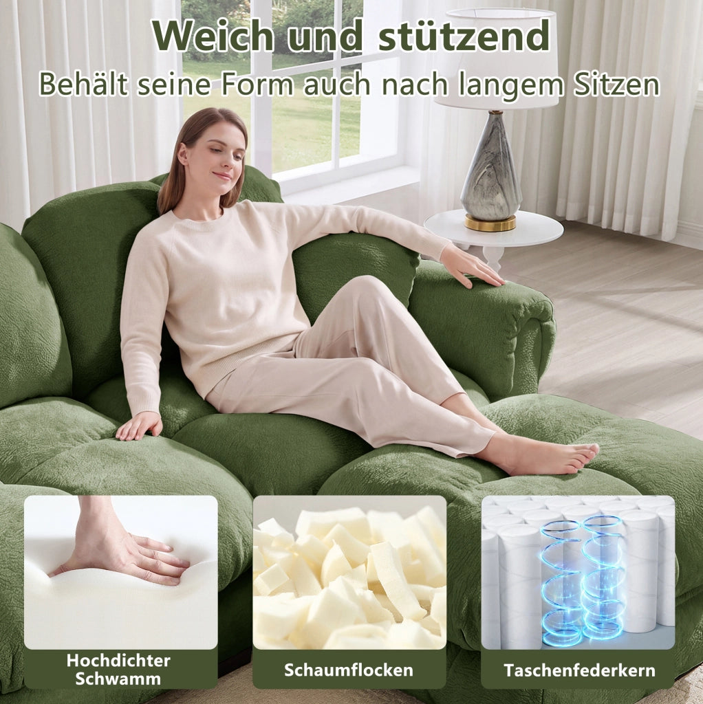 Divano a U da 3 posti in chenille verde con pouf mobile e due cuscini decorativi