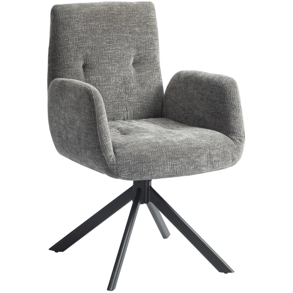 Poltrona girevole lounge con braccioli in tessuto effetto lana e lino, gambe in acciaio, colore grigio scuro, 60x61x88 cm