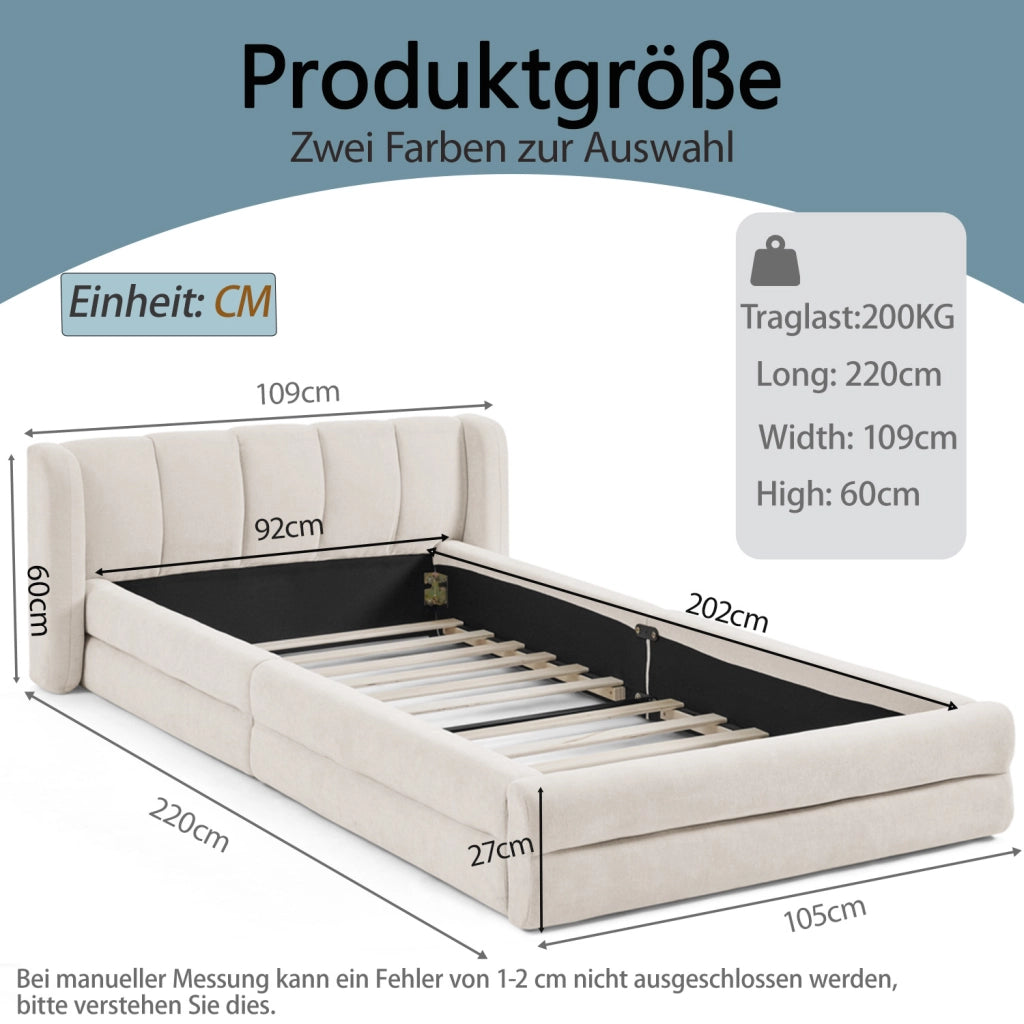 Letto 90 × 200 cm con testiera imbottita in ciniglia beige struttura rinforzata portata massima 200 kg senza materasso
