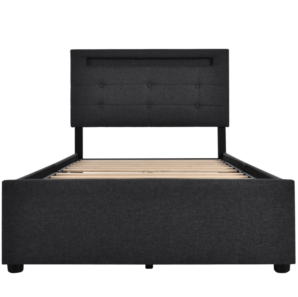 Letto singolo 90x200 cm con LED, 2 cassetti e testiera regolabile in lino nero