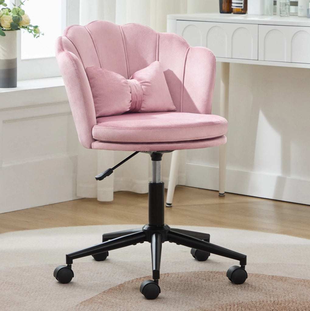 Sedia da scrivania girevole regolabile 55x62x73-83 cm in velluto rosa con cuscino lombare