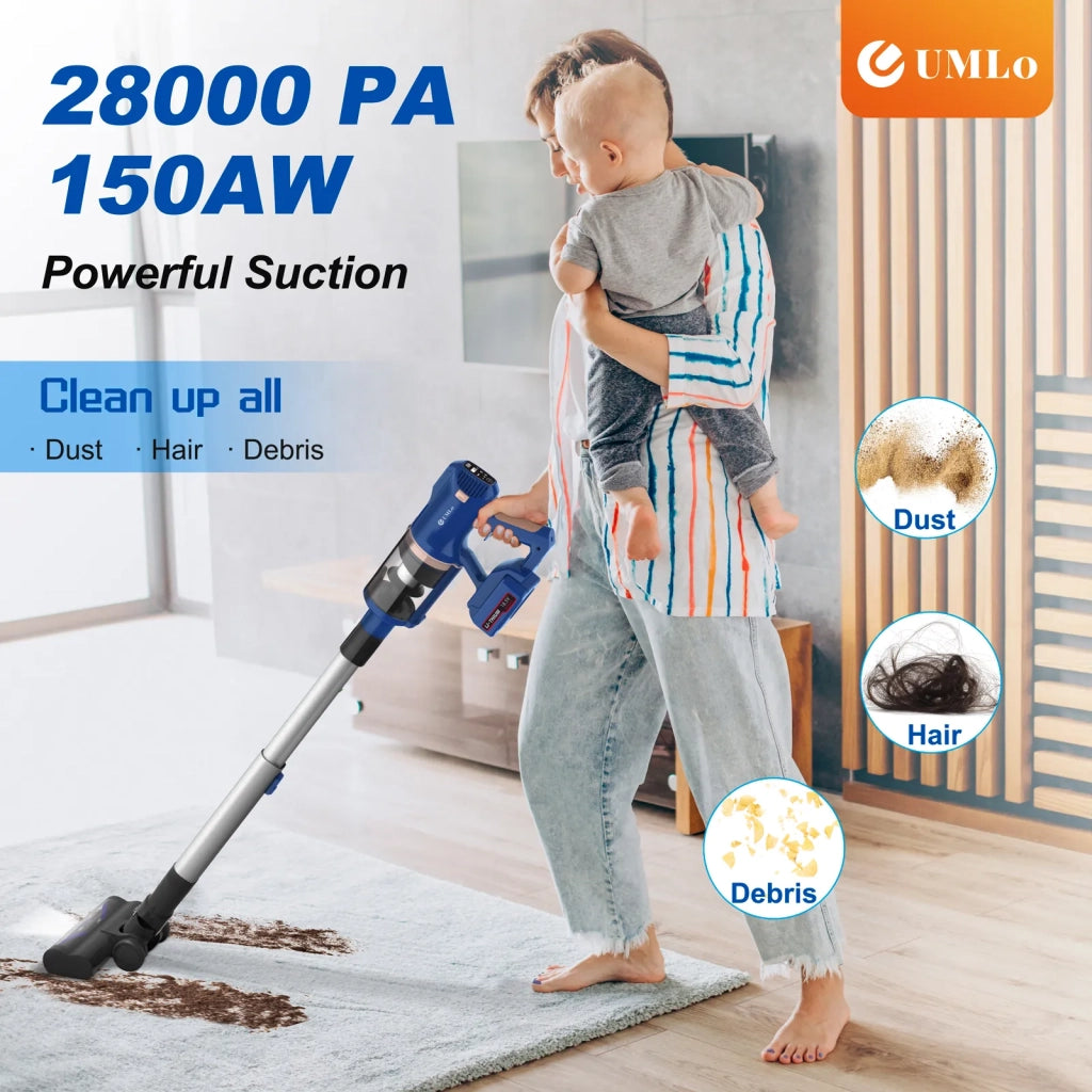 UMLo V11 Aspirapolvere Senza Fili Blu, 2-in-1 Mano e Pavimento, Motore 300W, Batteria 4000mAh, Filtrazione HEPA, Display LED