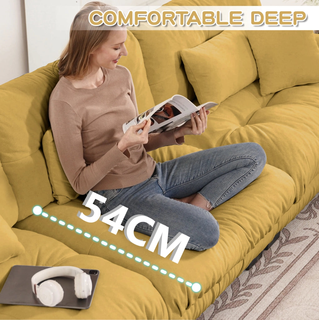 Divano modulare angolare a U 4 posti in tessuto vintage Chenille giallo con pouf mobile