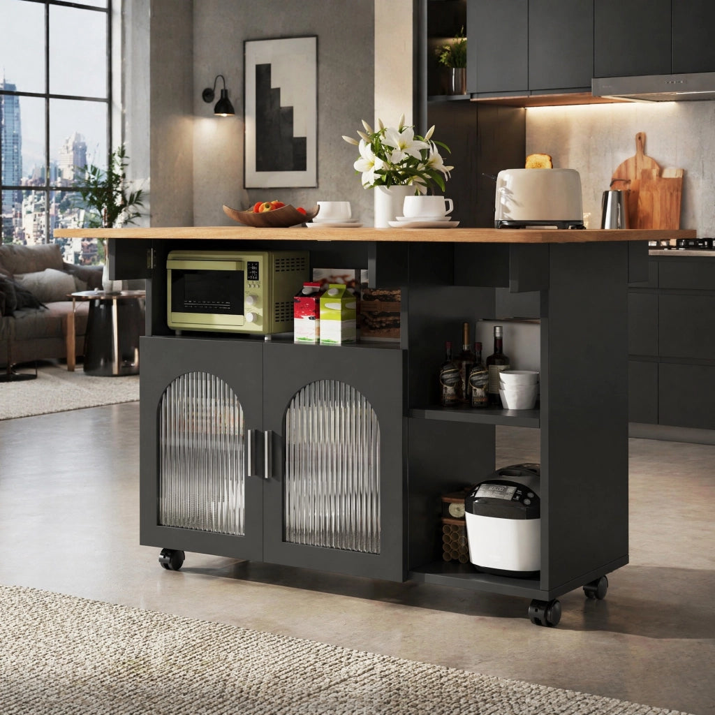 Desviae Carrello da cucina con piano pieghevole e ruote, ripiani aperti e armadietti in MDF e vetro nero per casa