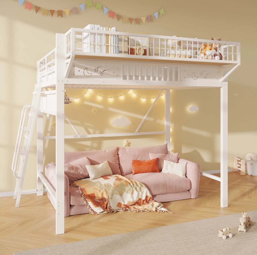 Letto a soppalco 140x200 cm in metallo bianco con vani portaoggetti HOMVRA