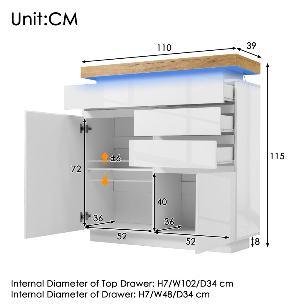Sideboard bianco lucido con 2 ante, 3 cassetti e illuminazione LED controllabile via app, 115x110x39 cm