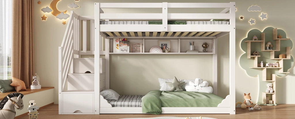 Letto a castello in legno bianco 90x200 cm per bambini con scala armadio e spazio contenitore, senza materasso