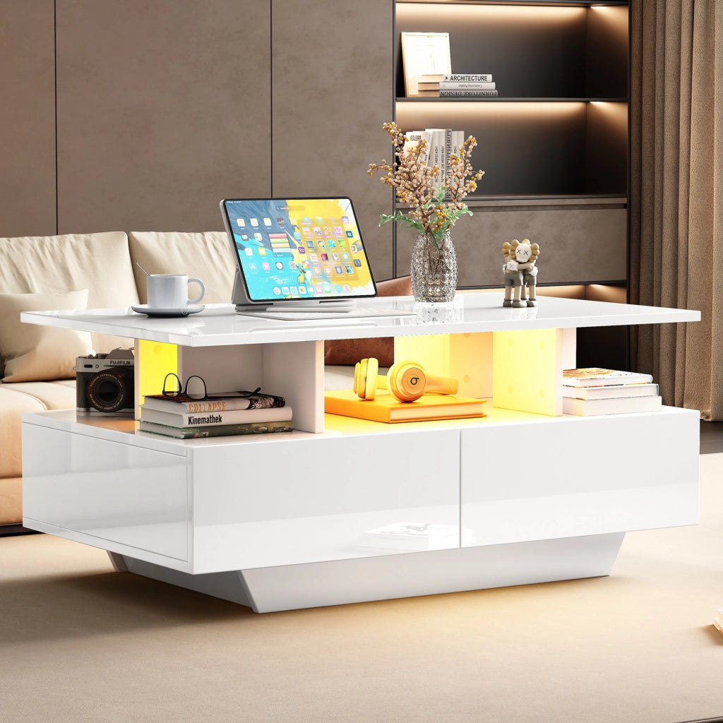 Tavolino da caffè lucido con LED; 2 cassetti; 90x55x41 cm; bianco