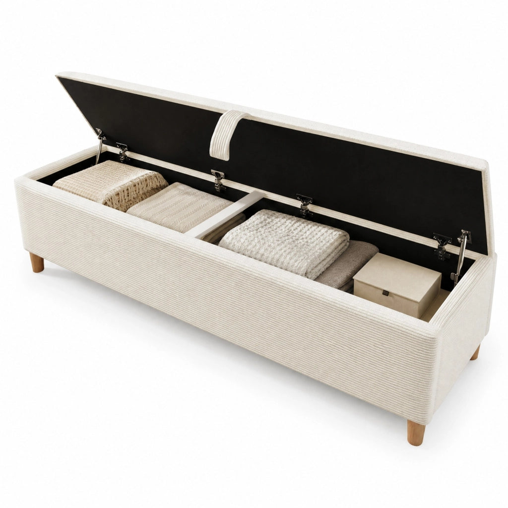 Letto matrimoniale 160x200 cm con testiera LED; panca contenitore e materasso; beige/rovere