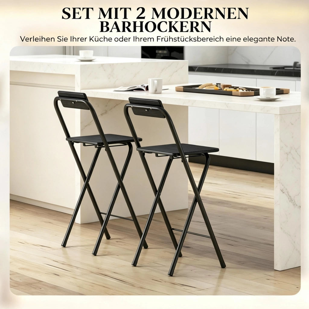 Sgabello da bar pieghevole 2 pezzi con schienale e poggiapiedi in acciaio e MDF nero per tavoli 89–99 cm