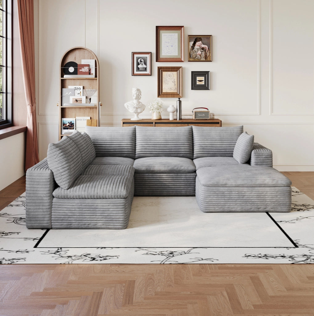Divano modulare in tessuto di velluto a coste grigio scuro 260x250 cm con imbottitura sfoderabile e design a doppio strato