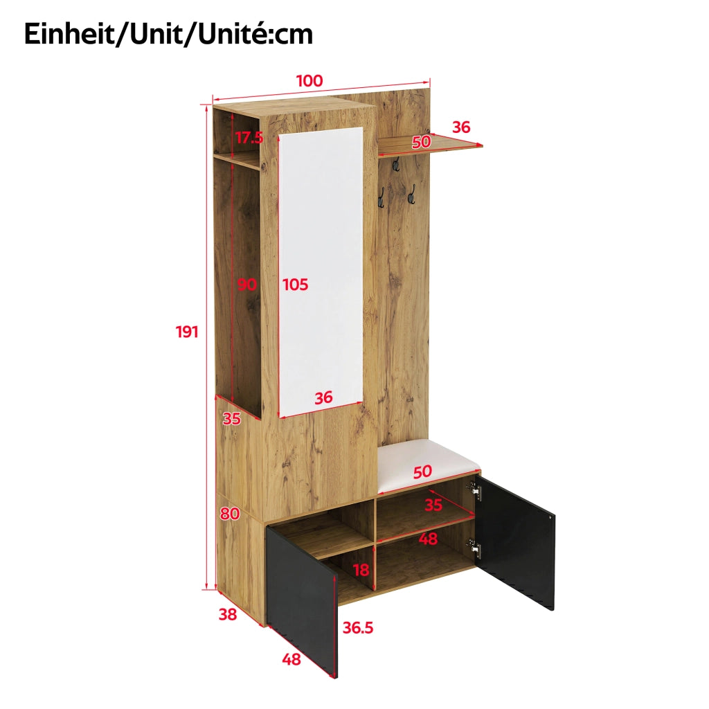 Set guardaroba 5 ganci e 2 scarpiere con specchio e panca per ingresso in MDF colore nero e naturale