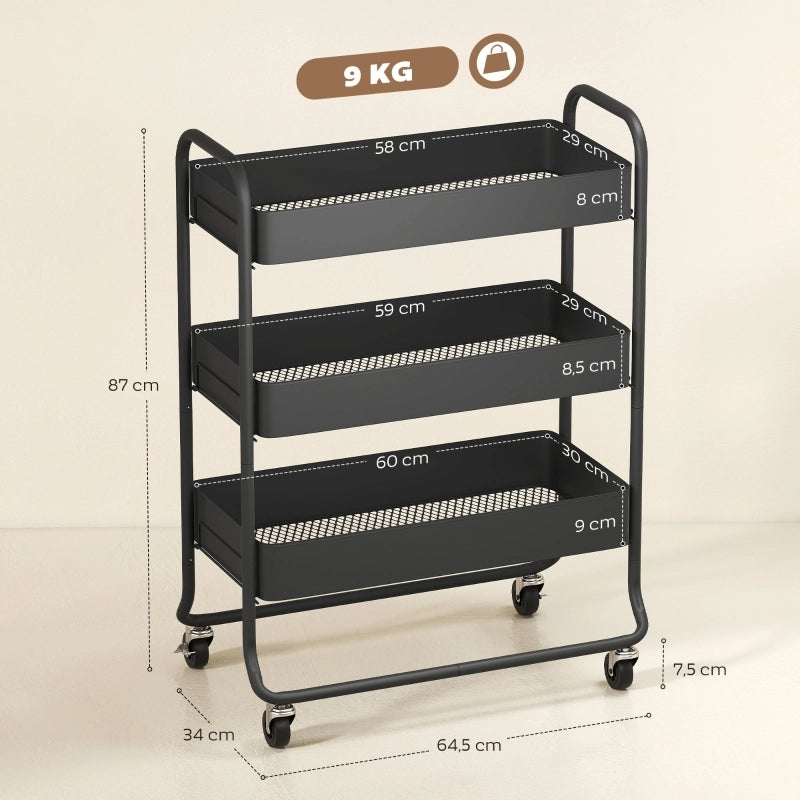 Carrello da cucina a 3 ripiani in metallo nero con 4 ruote di cui 2 bloccabili 64.5 × 34 × 87 cm