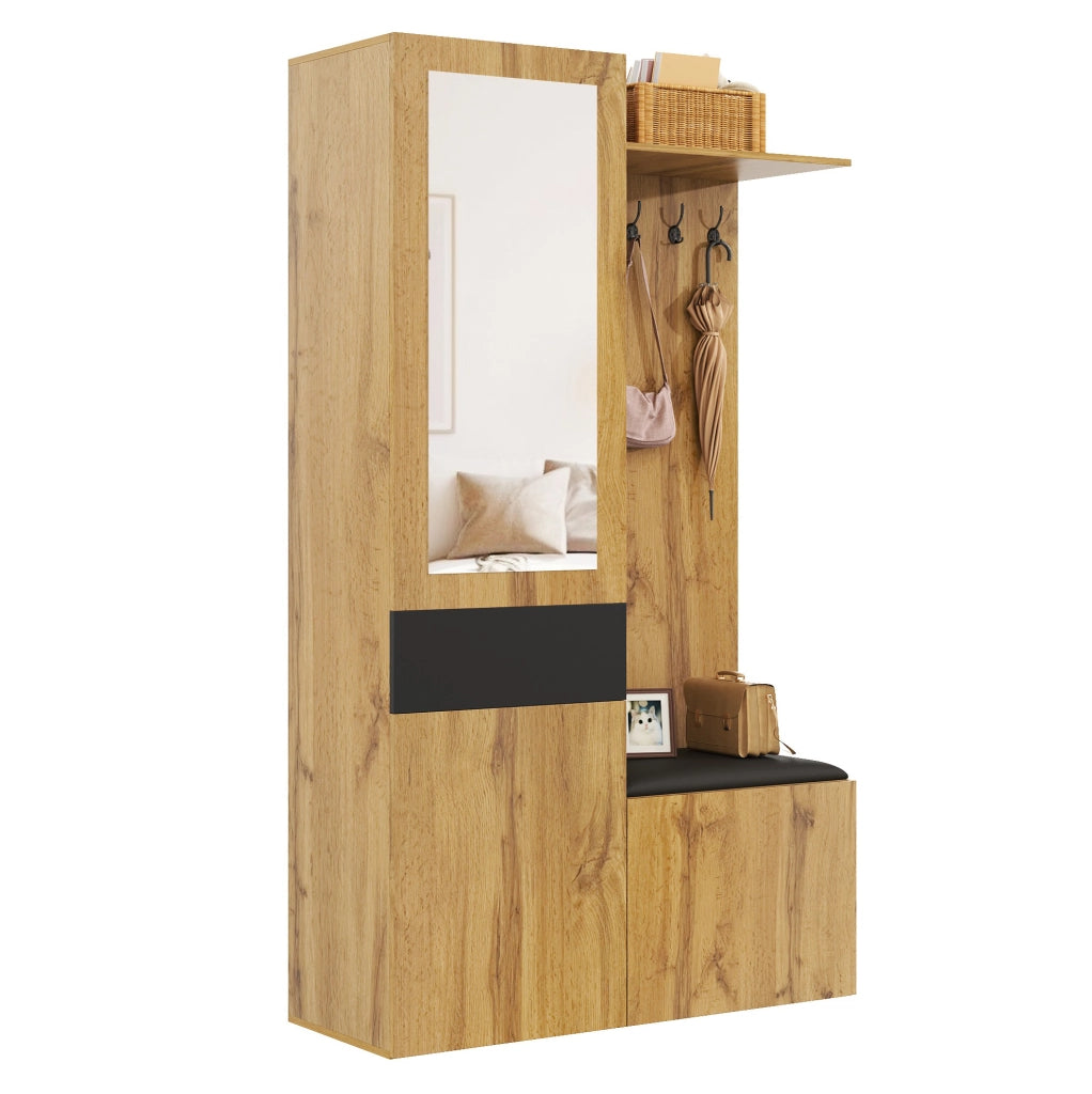 Mobile da ingresso 98，5x38x191 cm in MDF nero e legno con specchio