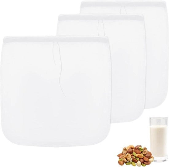 Tre Sacchi a Filtri per Latte di Noci - Dimensioni 25x30 e 30x30 - Sacchi a Filtri in Sette, Tela Finissima, Passa Caffè - Sacchetto in Nylon Cotone per Latte di Noci, Latte di Mandorla, Latte di Nocicella