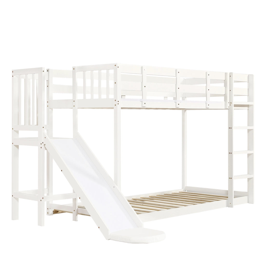 Letto a castello per bambini 90x200 cm con scivolo, scala, tenda e protezioni, bianco