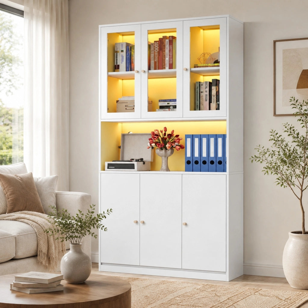 Libreria 100x35x200 cm bianca in MDF, vetrina LED e 3 ante