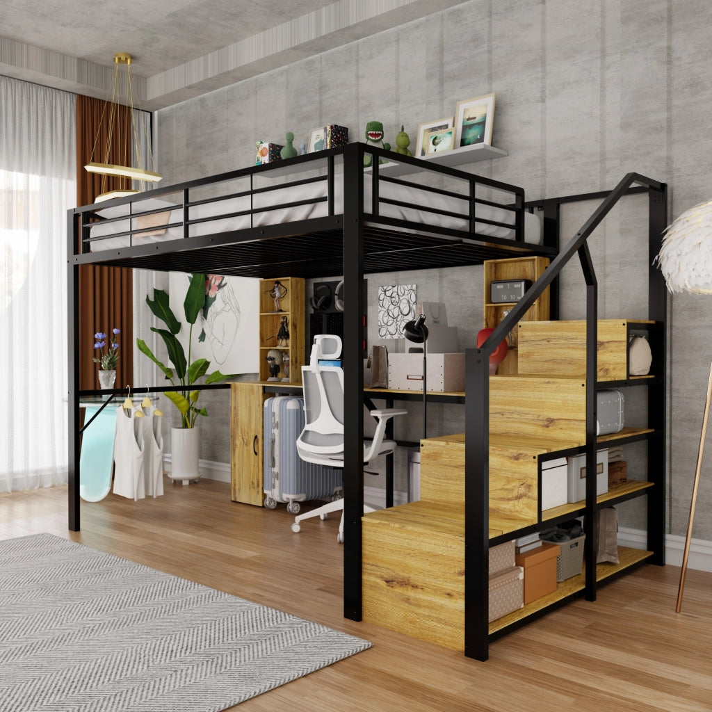 Letto a soppalco 140x200 in metallo con scrivania; porta USB e scale contenitore; nero