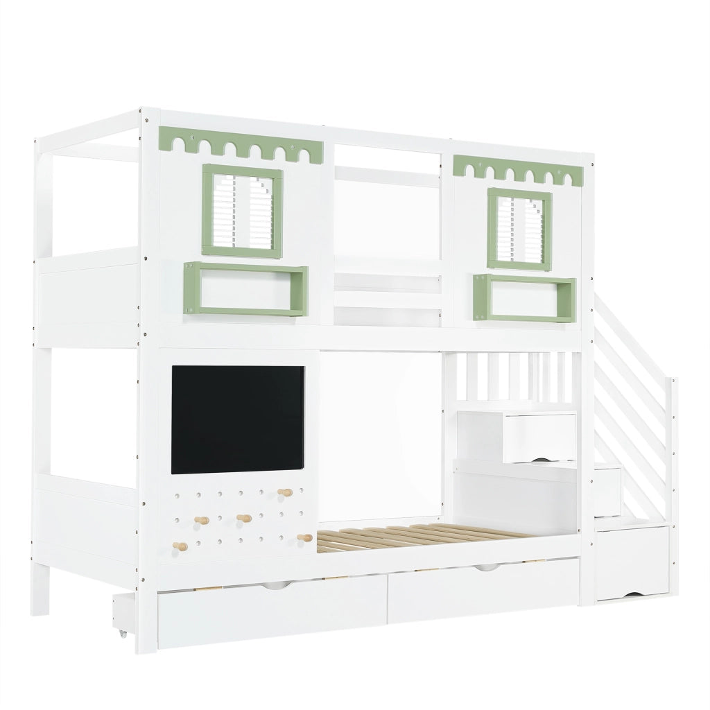 Letto a castello 90x200 cm bianco e verde con 2 cassetti; scala contenitore e pannello con ganci