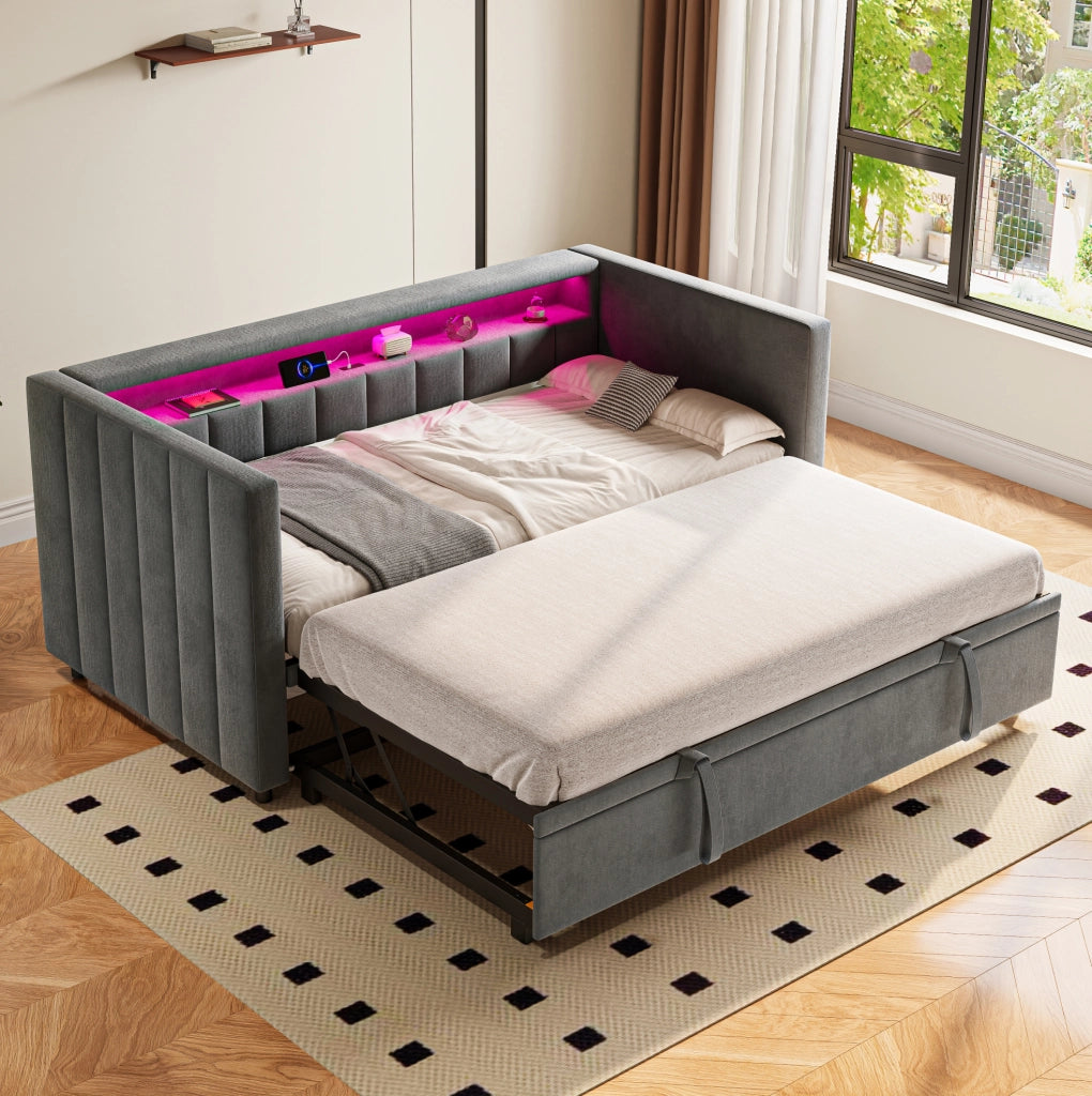 Divano letto estraibile in velluto con LED, USB-C e contenitore