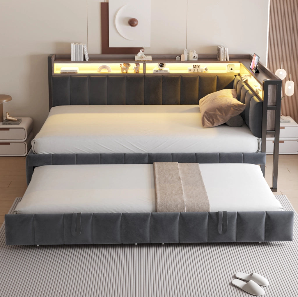 Divano letto estraibile ULEVR 90x200 cm con LED, USB e Type-C, vani portaoggetti, velluto grigio