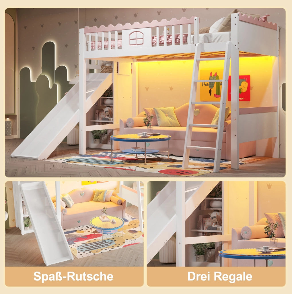 Letto a soppalco per bambini 90 x 200 cm con scivolo, LED e ripiani