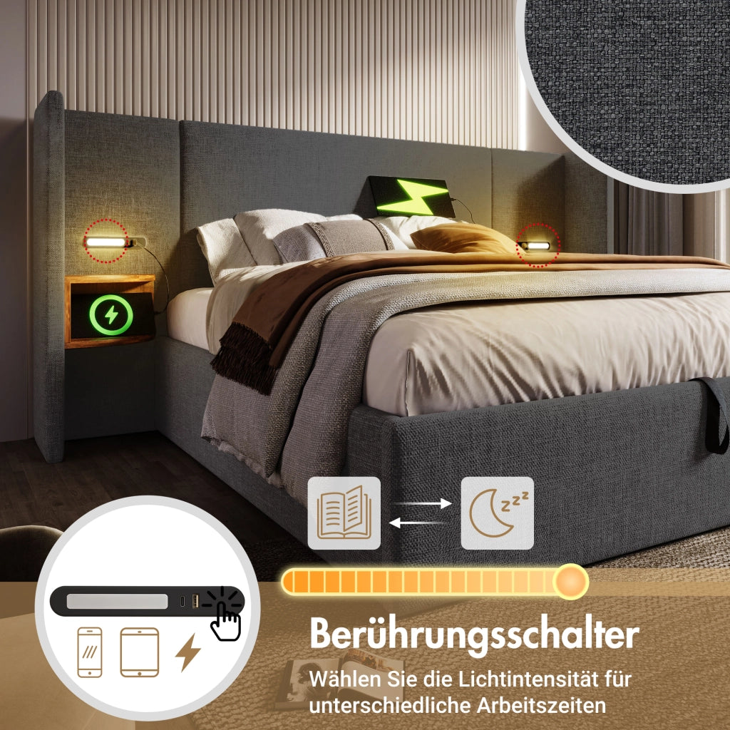 Letto imbottito matrimoniale 160x200 cm con comodino, luce di lettura e ricarica USB Type-C, rete a doghe, lino - Grigio (senza materasso)