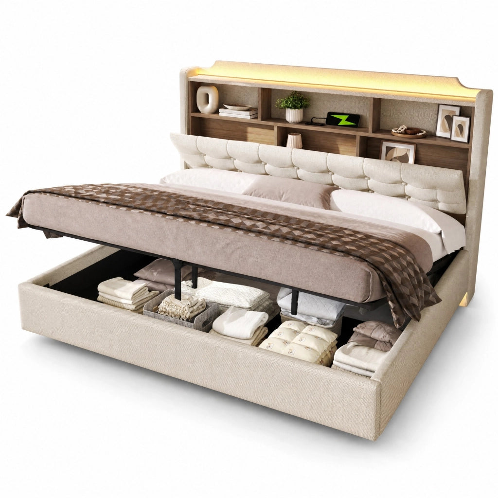 Letto matrimoniale 180 × 200 cm 2 posti con contenitore idraulico; LED; USB e Type-C; senza materasso; beige