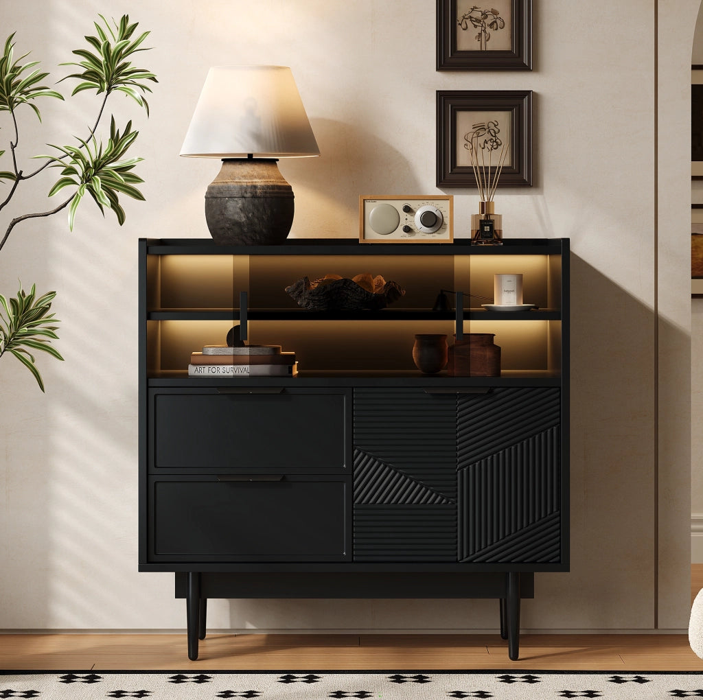 Mobile contenitore in MDF nero con LED e ante in vetro