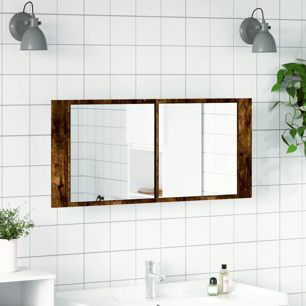 Armadietto a Specchio con LED-Mobiletto a specchio Rovere Fumo 100x12x45 cm