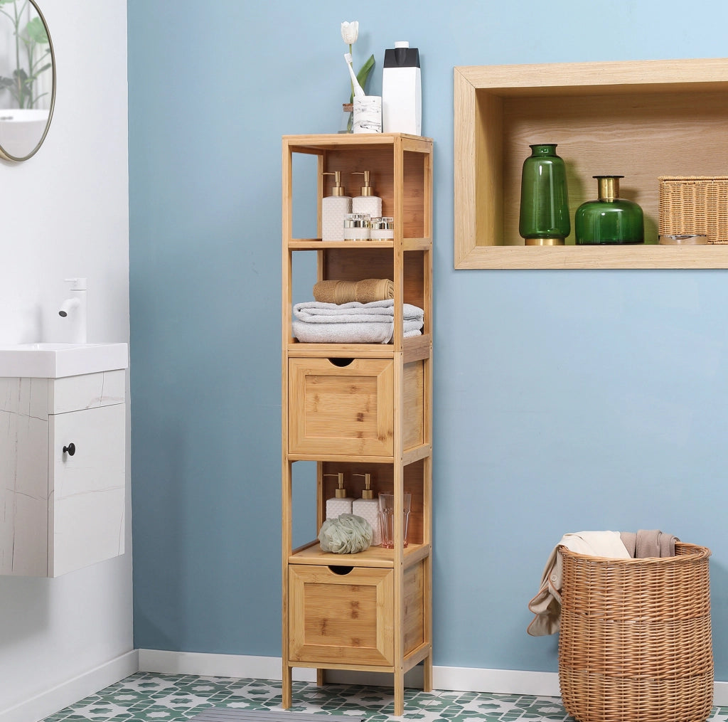Mobiletto bagno in bambù con 3 ripiani, 2 cassetti e sistema anti-ribaltamento, compatto e funzionale