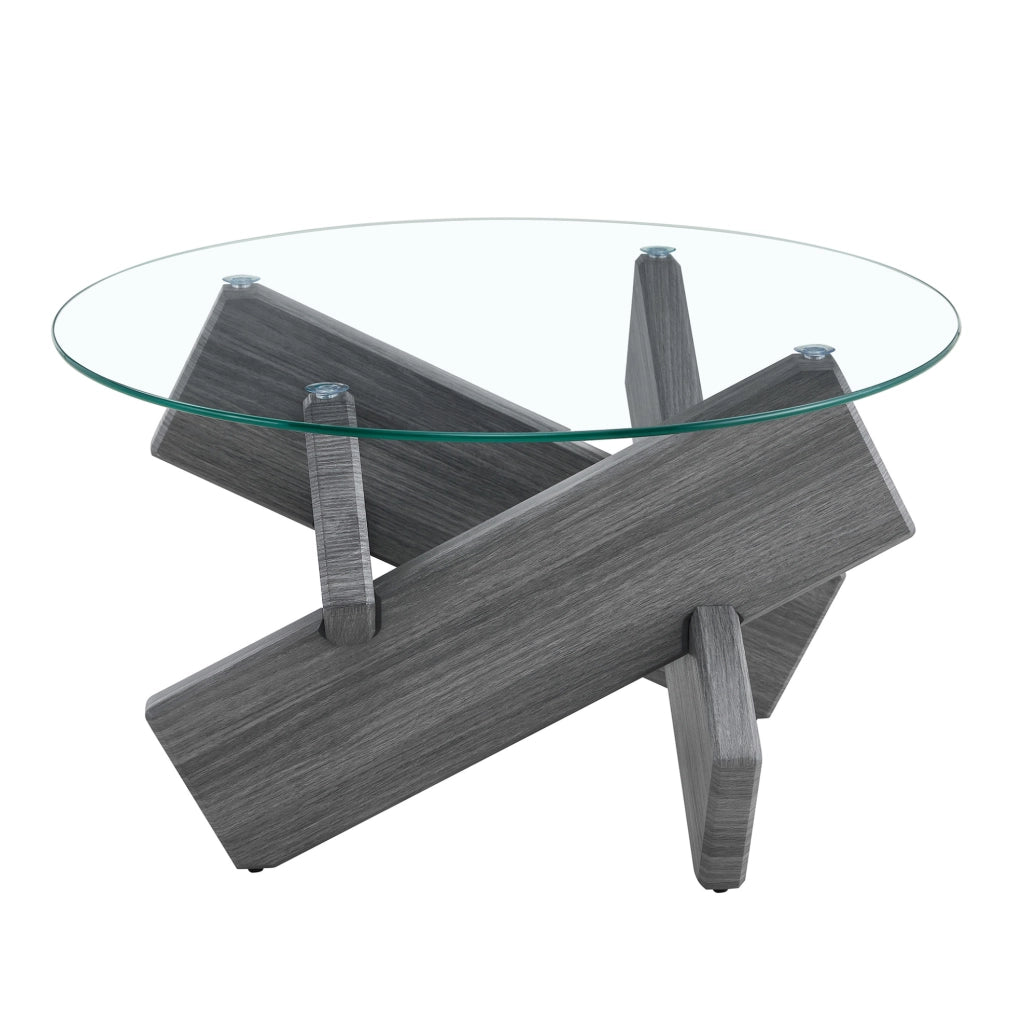 Tavolino da caffè rotondo ? 79 cm in vetro e MDF grigio; supporto incrociato