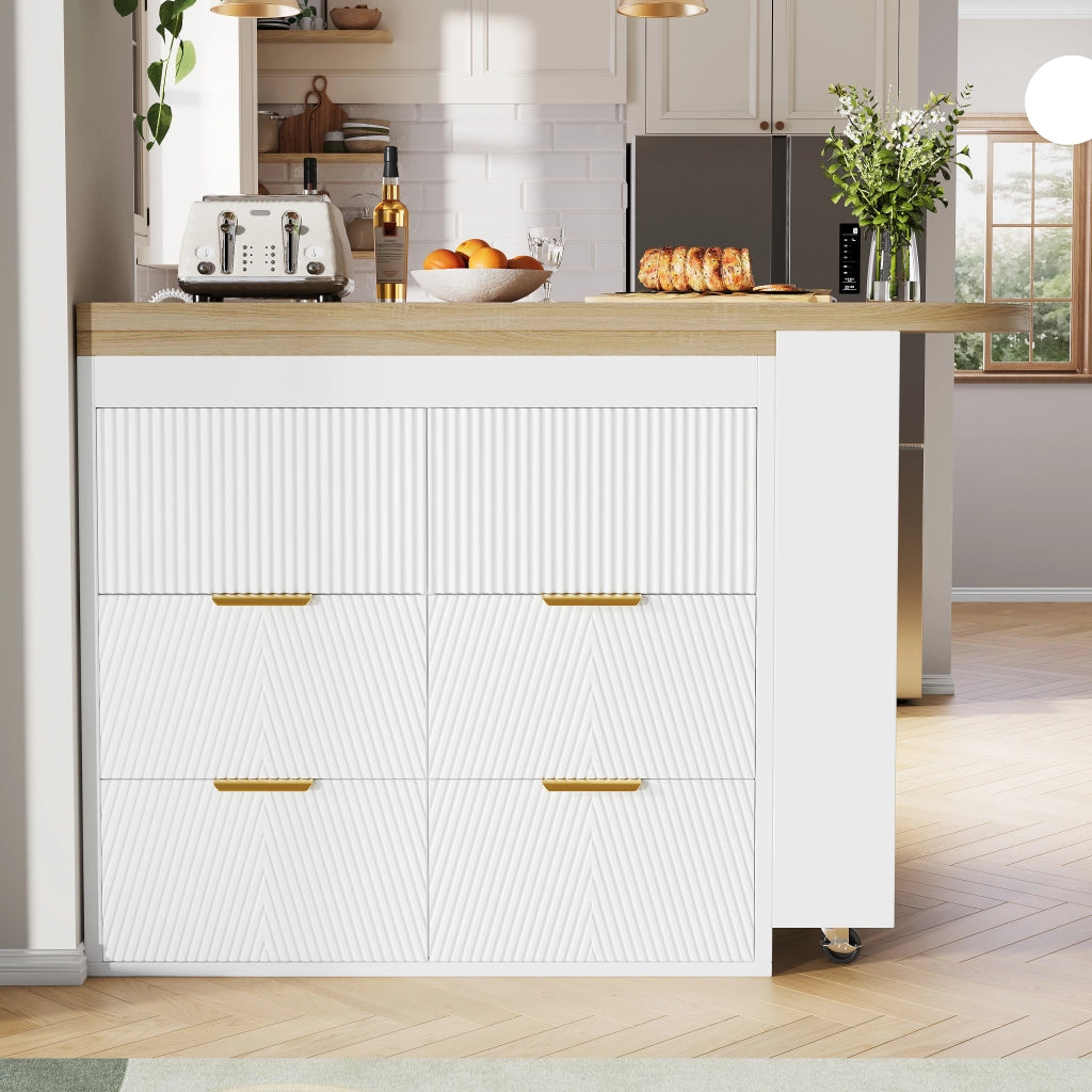 Tavolo alto girevole con 6 cassetti e ripiano laterale in MDF bianco per cucina soggiorno e ufficio domestico