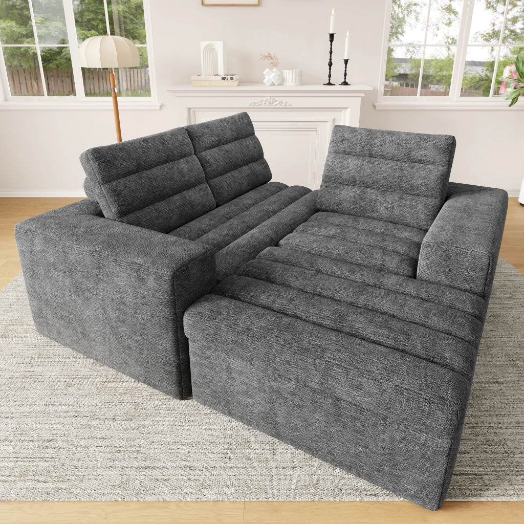 Divano angolare modulare 4 posti - con pouf e cuscini - in chenille - grigio chiaro