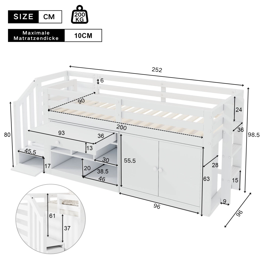 Letto per bambini 90 × 200 cm con scala, armadi e cassetti trasformabili in scrivania, senza materasso, bianco