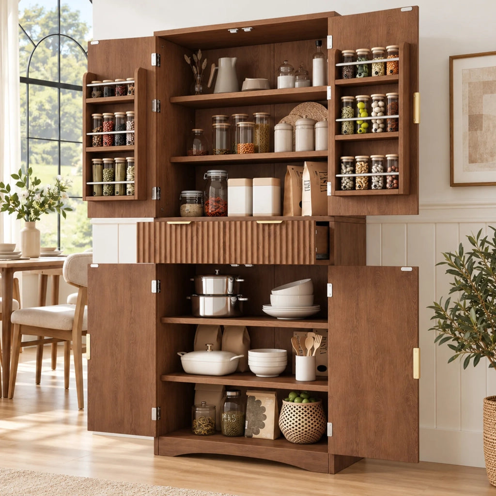 Armadio da cucina e dispensa con ante a griglia, cassetti e ante, colore noce, per cucina e soggiorno