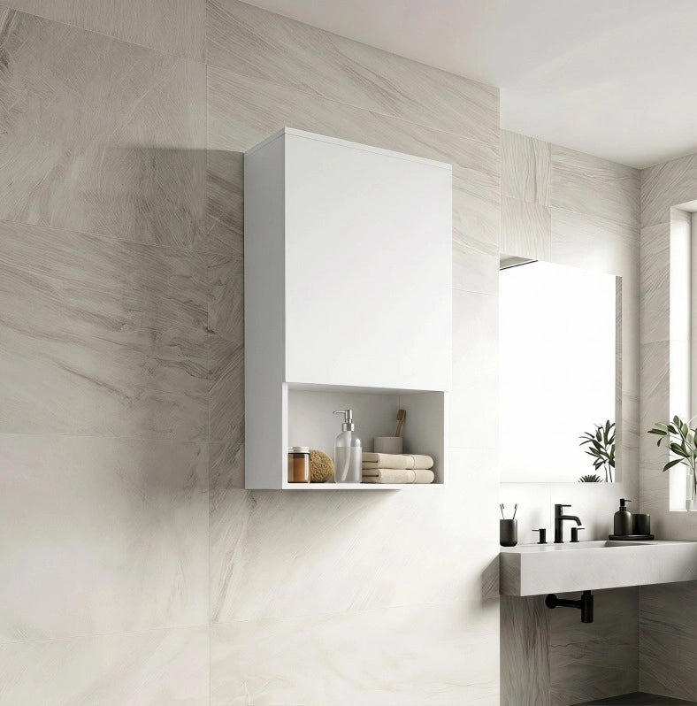 Mobile bagno da parete bianco con 1 anta e ripiani regolabili in MDF