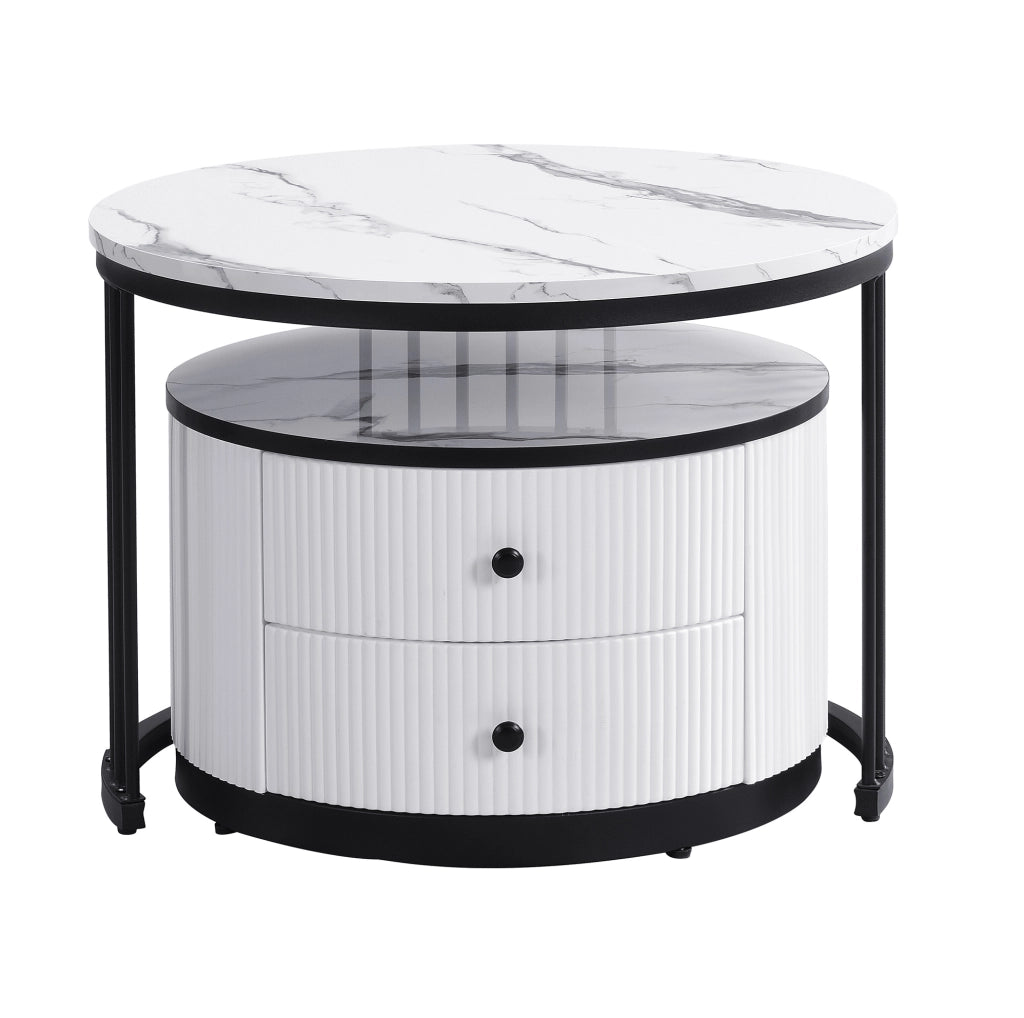 Set di 2 tavolini da caff¨¨ rotondi con 2 cassetti in MDF bianco e nero