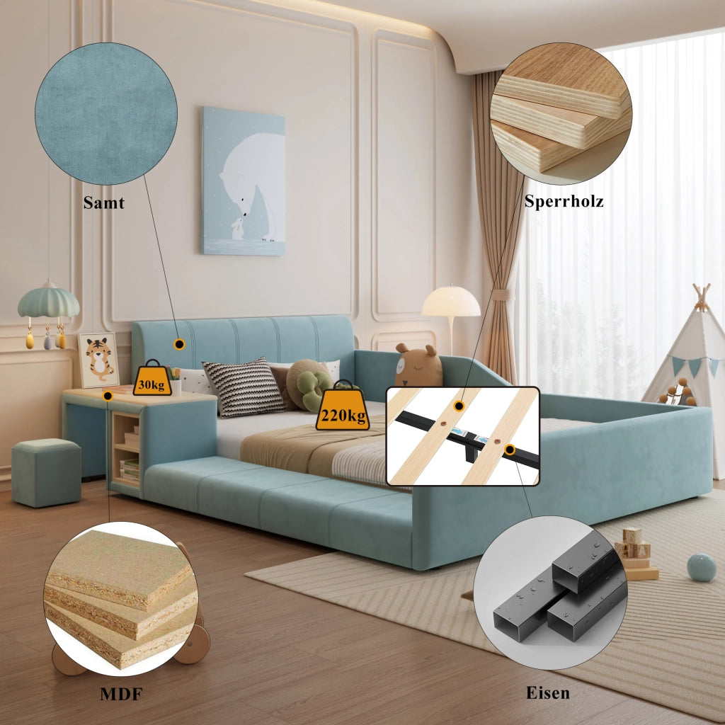 Letto singolo con scrivania in velluto blu 140x200 cm