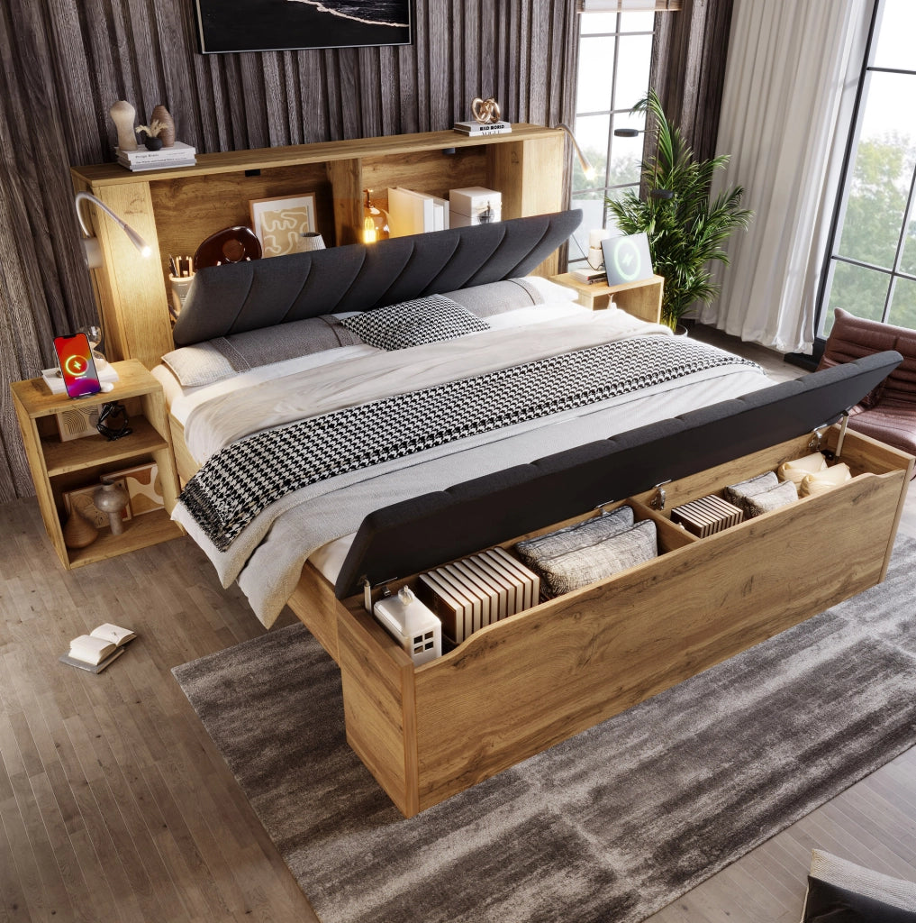 Letto matrimoniale 160x200 cm in legno con testiera reclinabile in lino, comodini, panca contenitore e lampade da lettura USB, colore rovere