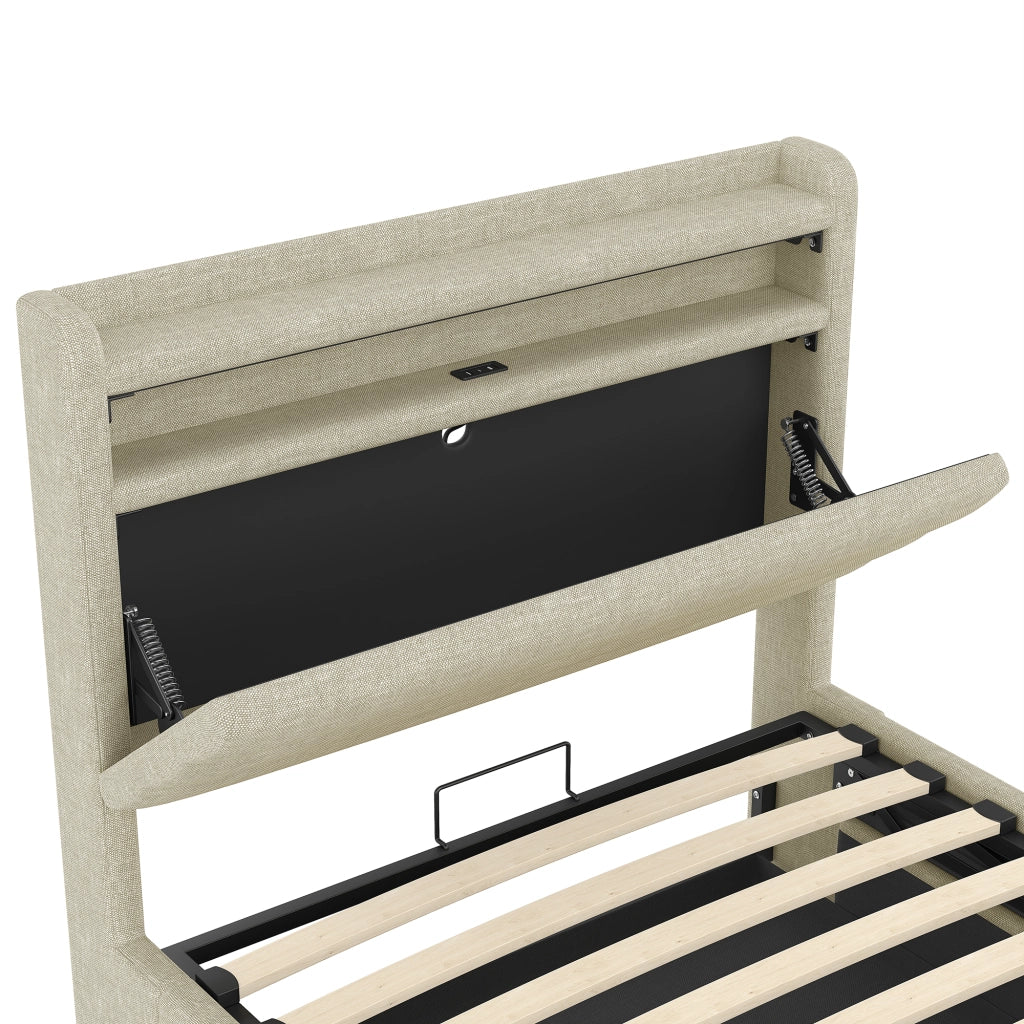 Letto singolo con contenitore 90 × 200 cm con LED; USB e Type-C; rivestito in lino beige con vano a ribalta