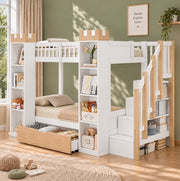 LETTO a Castello 90x200 cm Bianco in Pino con Scala Contenitore e Cassetti