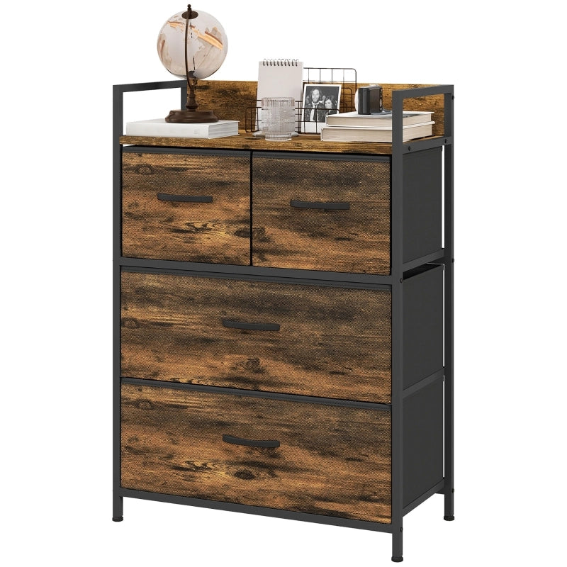 Cassettiera con 4 cassetti in tessuto e ripiano superiore struttura in acciaio marrone rustico 60 × 29 × 85 cm