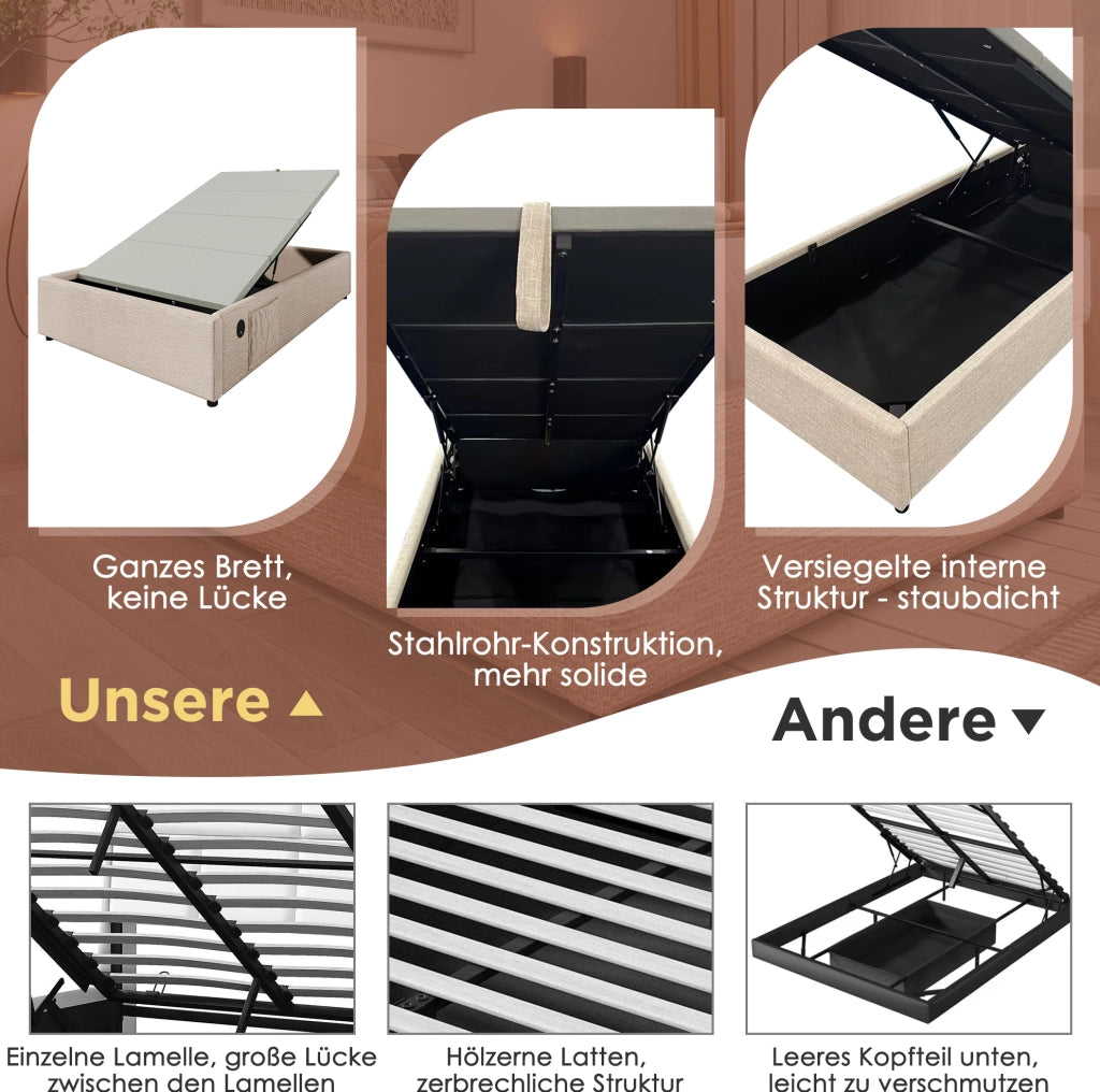 Letto contenitore 90 x 200 cm con ricarica USB e Type-C