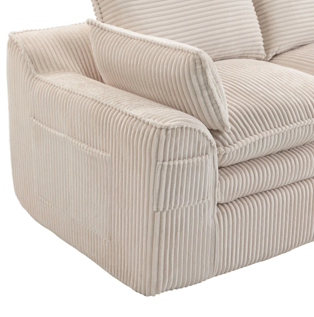 Divano modulare 4 posti in velluto a coste beige con 2 pouf, cuscini e 2 tasche laterali, imbottitura a 3 strati con molle integrate